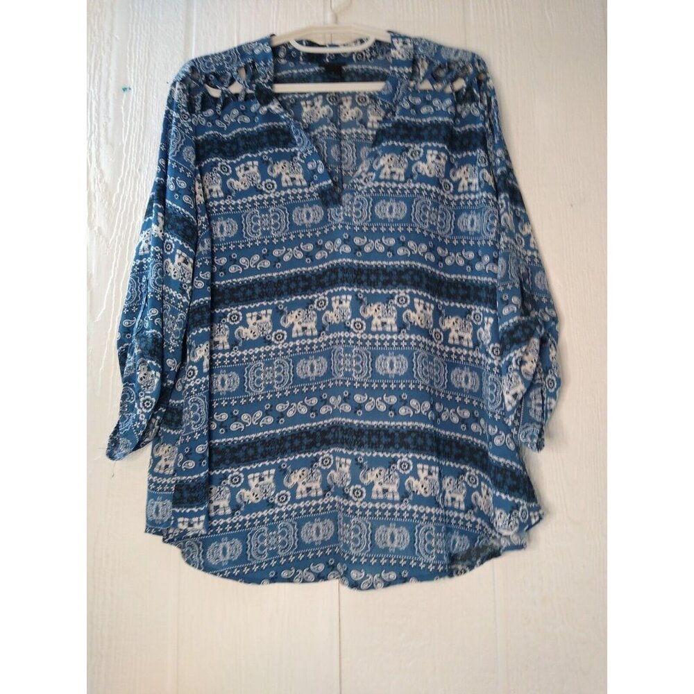 Rue 21 Womens Plus 1X Elephant Paisley Tunic Blouse Blue Roll Tab Sleeve Strappy - Picture 1 of 5